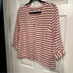 Rachel Zoe S 100% Linen Red Striped Button Front Boxy Blouse 3/4 Cuffed Sleeve